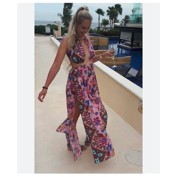 NWT ASOS DESIGN Rope Maxi Dress Size 8 Trim Cut Out Paisley Print Plunge Beach - Picture 2 of 14